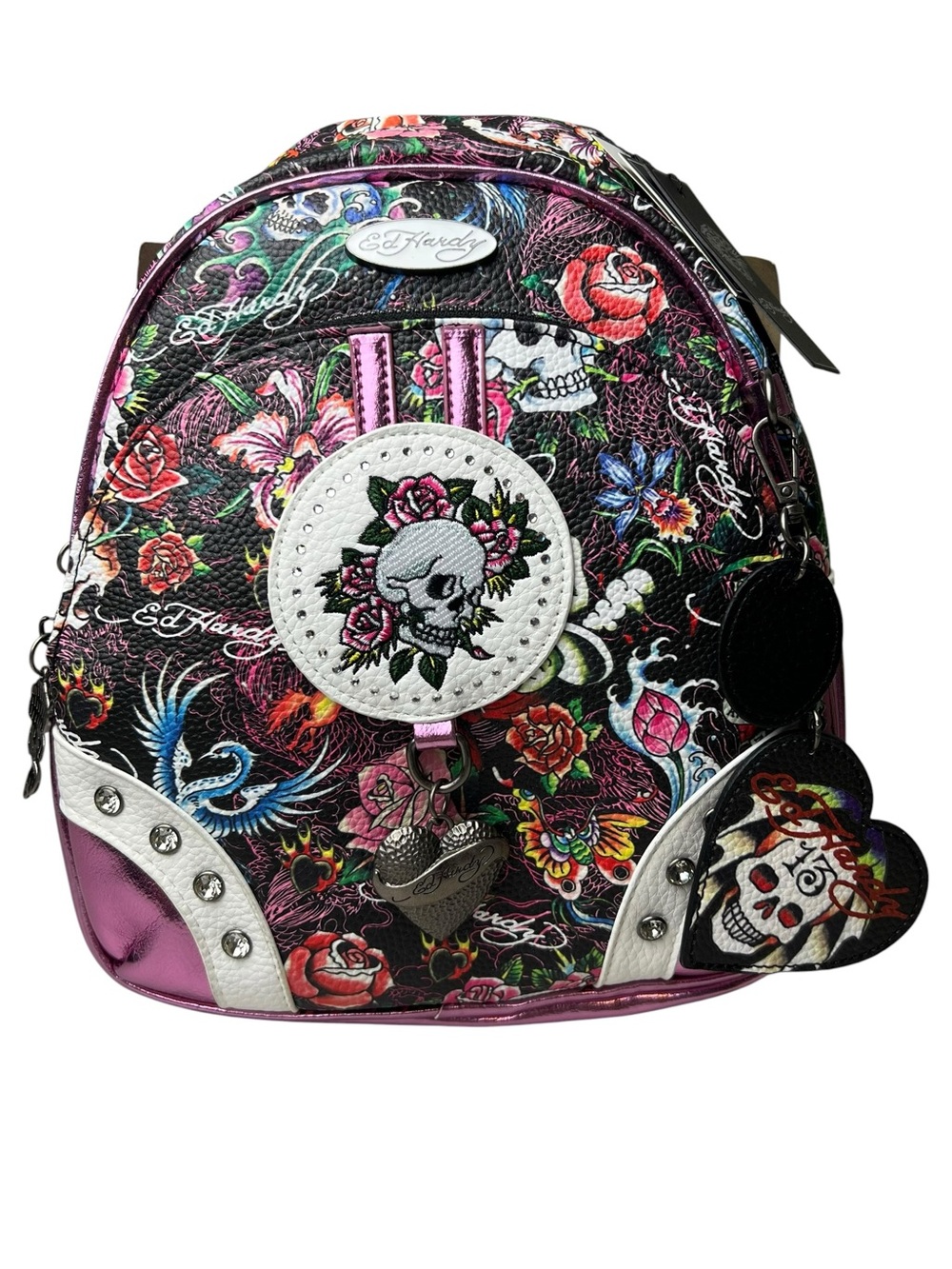 Ed Hardy Heather Pink Floral Skull Small Backpack in Black & Pink